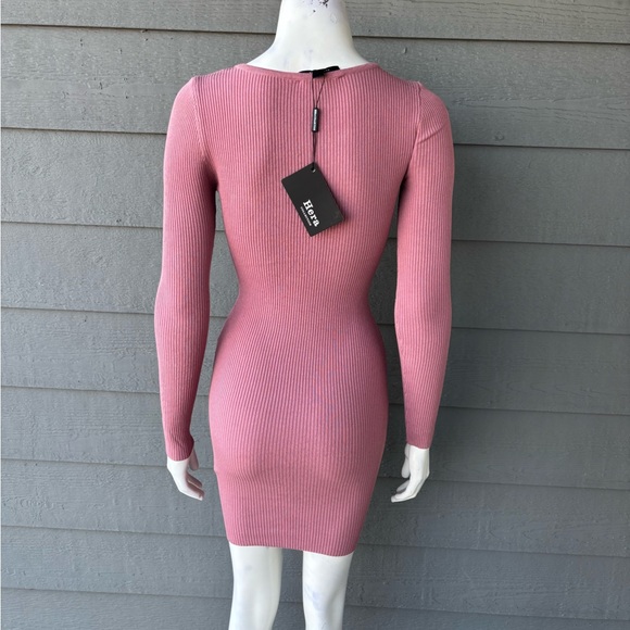 Hera Collection Ribbed Long-Sleeve V-Neck Bodycon Dress - Dusty Rose - Picture 2 of 3